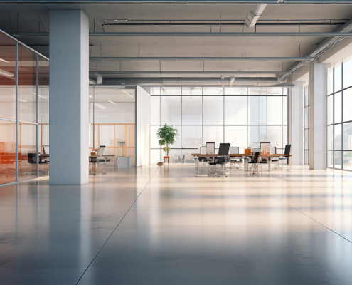 Front view of office area with floor to ceiling windows, polished floors